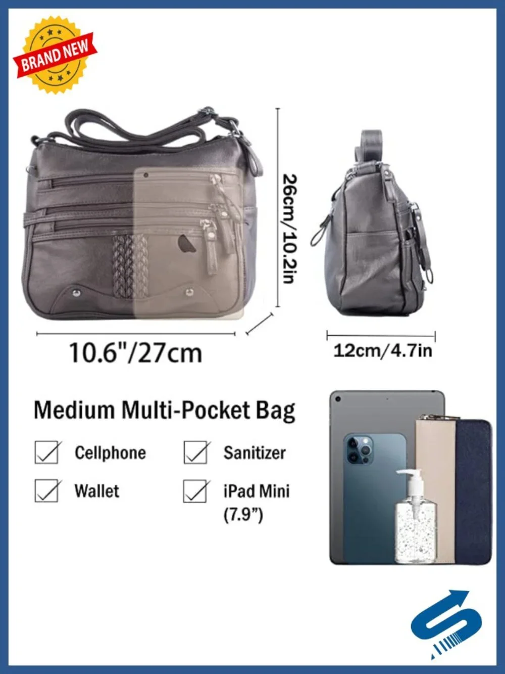 10 Pocket Crossbody Satchel Handbag - Soft PU Leather Shoulder Bag